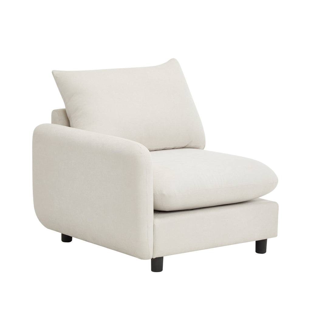 White modular lounge chair section with back pillow, deep seat, and square legs