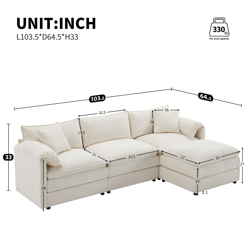 Beige L-shaped sectional sofa with ottoman, shown with unit inch size diagram