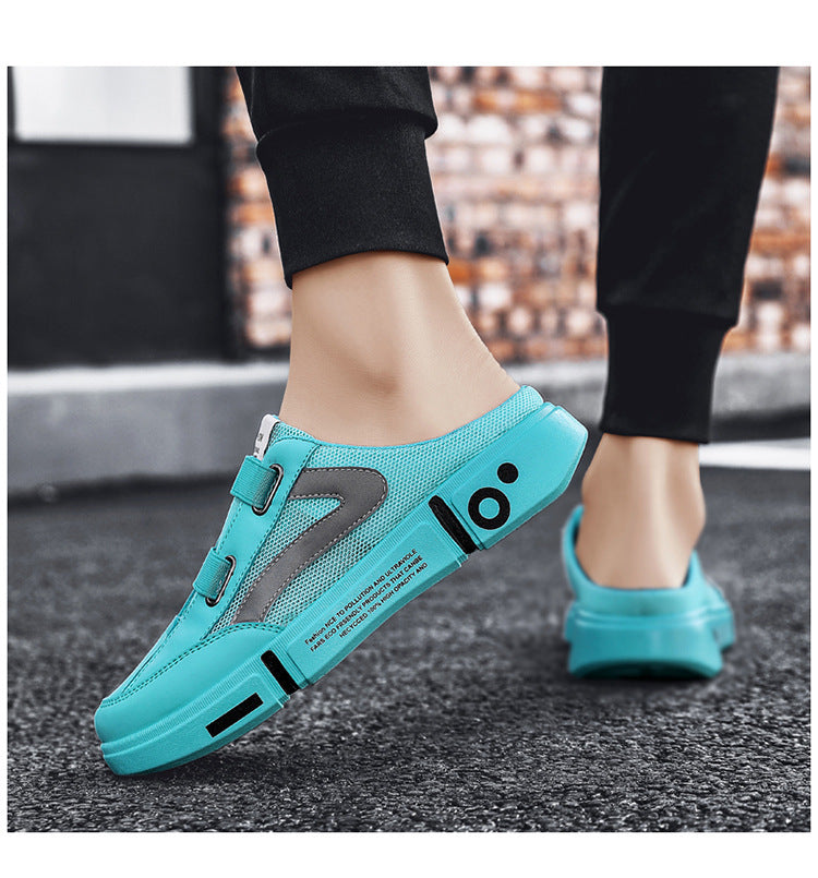 Teal mesh half slippers on feet, closed toe, dual buckle straps, chunky sole