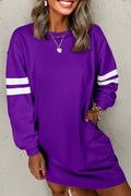 Purple long-sleeve sweatshirt dress with white striped cuffs and relaxed fit.