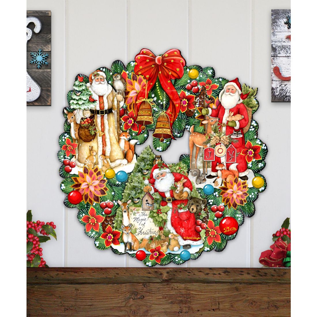 Santa-themed Christmas wreath with red bow, bells, snowman, and colorful ornaments on door