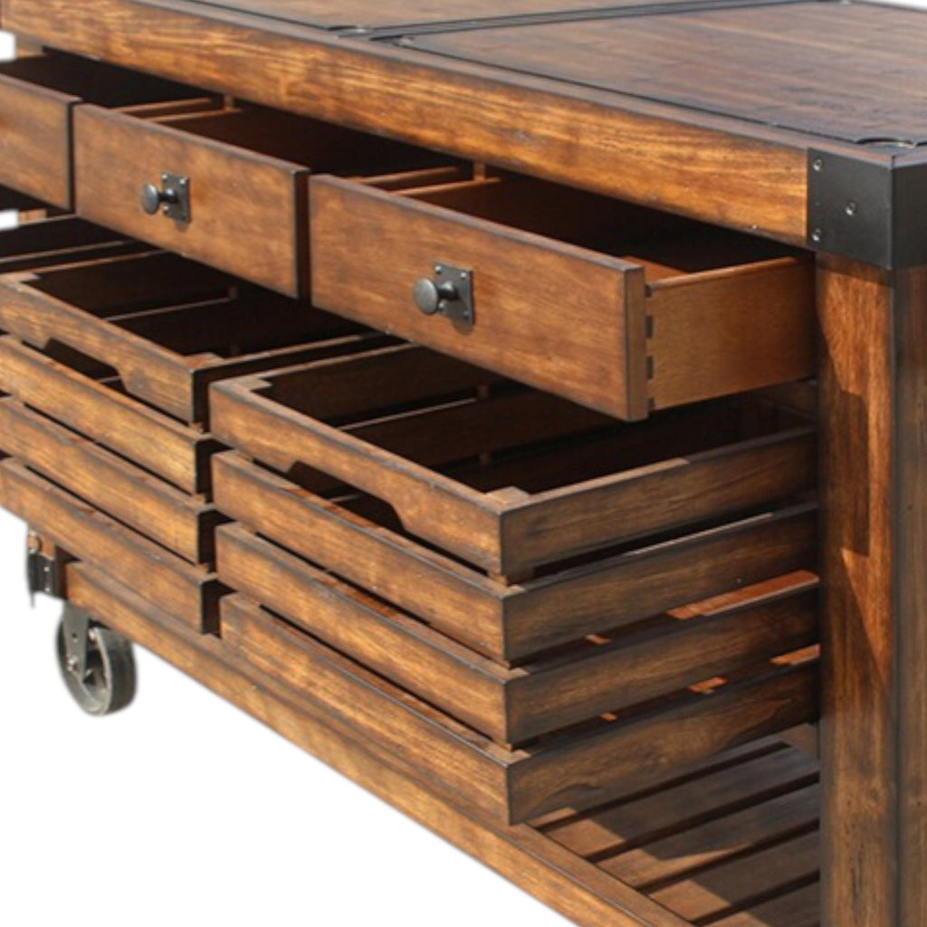 Chestnut kitchen cart drawer and shelf details with metal knobs and slatted openings.