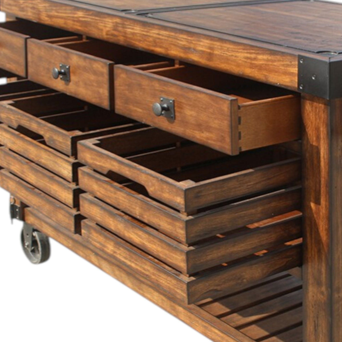 Chestnut kitchen cart drawer and shelf details with metal knobs and slatted openings.