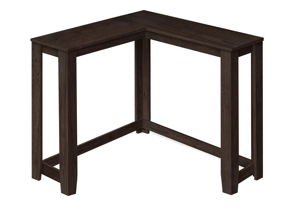 Dark brown corner accent console table with open corner design and straight legs
