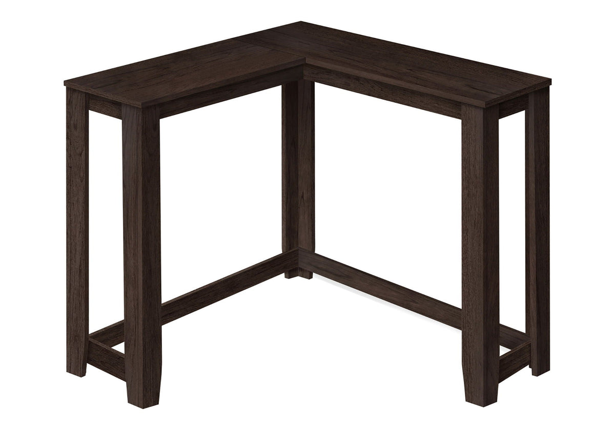 Dark brown corner accent console table with open corner design and straight legs