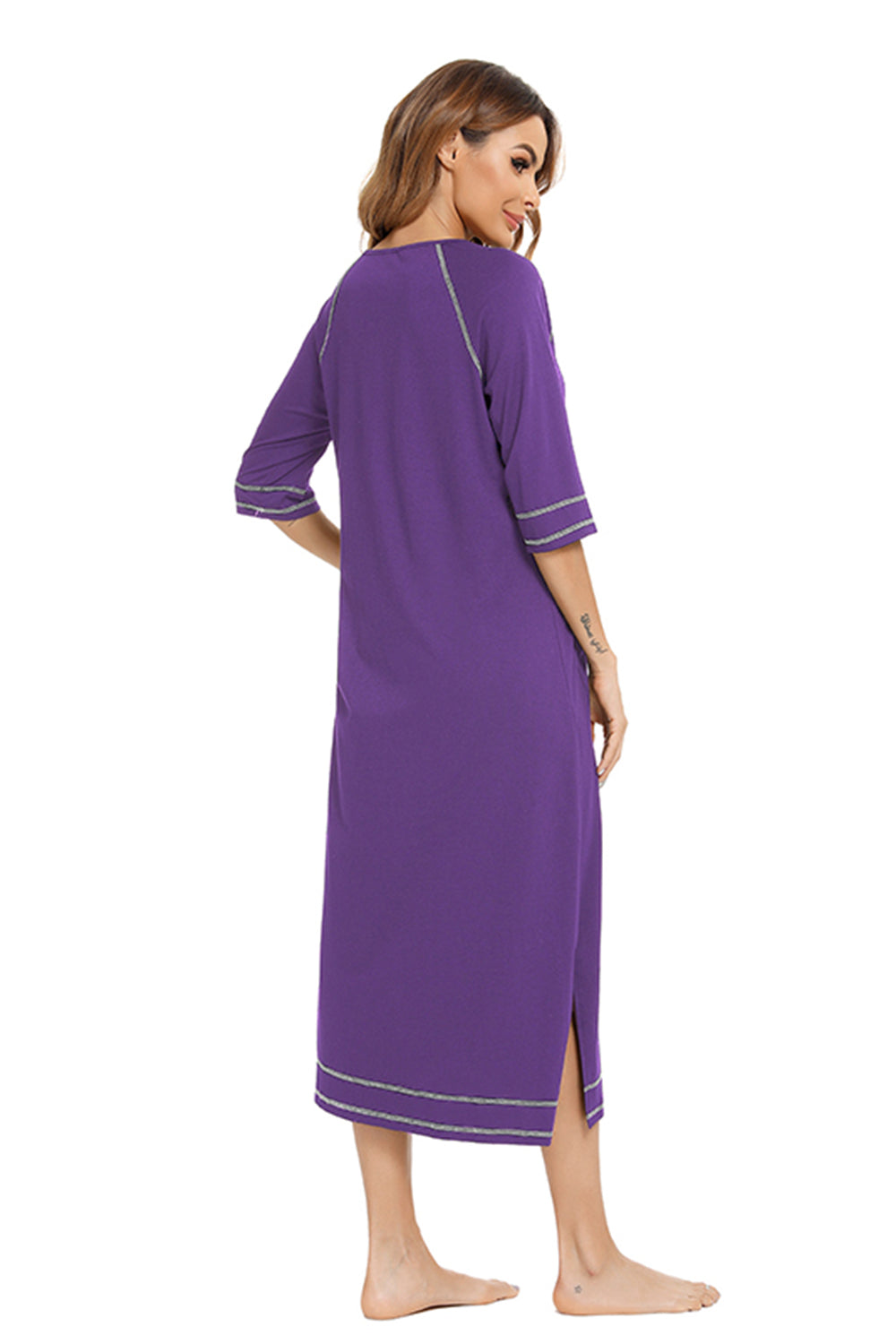 Violet zip-up night dress, back view, round neck, pockets, and side slit hem with trim