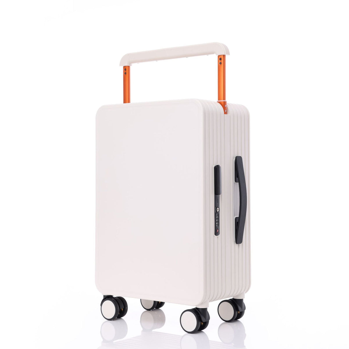 Hard-shell carry-on luggage in white with telescoping handle and four wheels