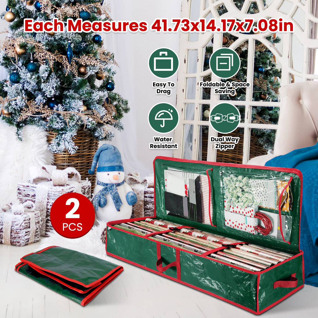 Green foldable gift wrap storage containers with red trim, zipper pockets, and carry handles