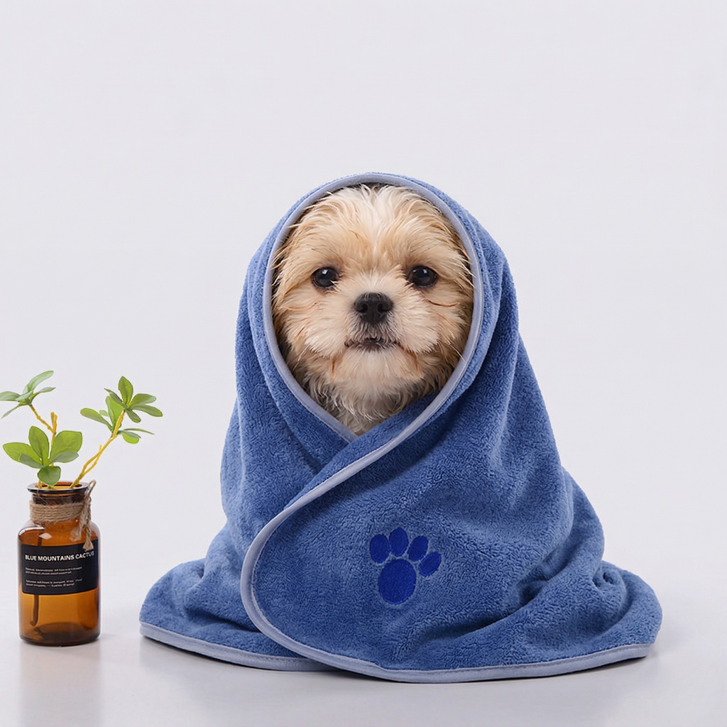 Quick-dry towel, blue hood-style with paw emblem, covering small dog for drying