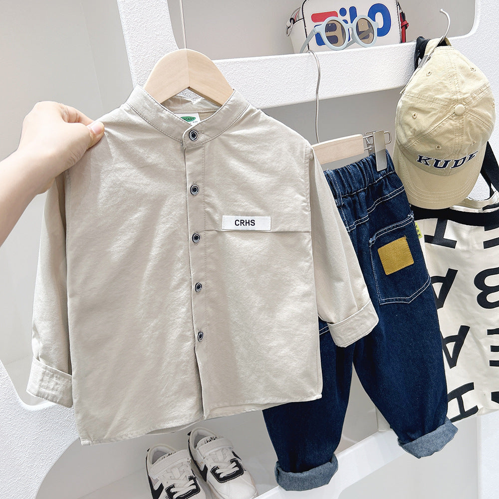 Boys solid light beige long-sleeve button-up shirt with stand collar and chest pocket