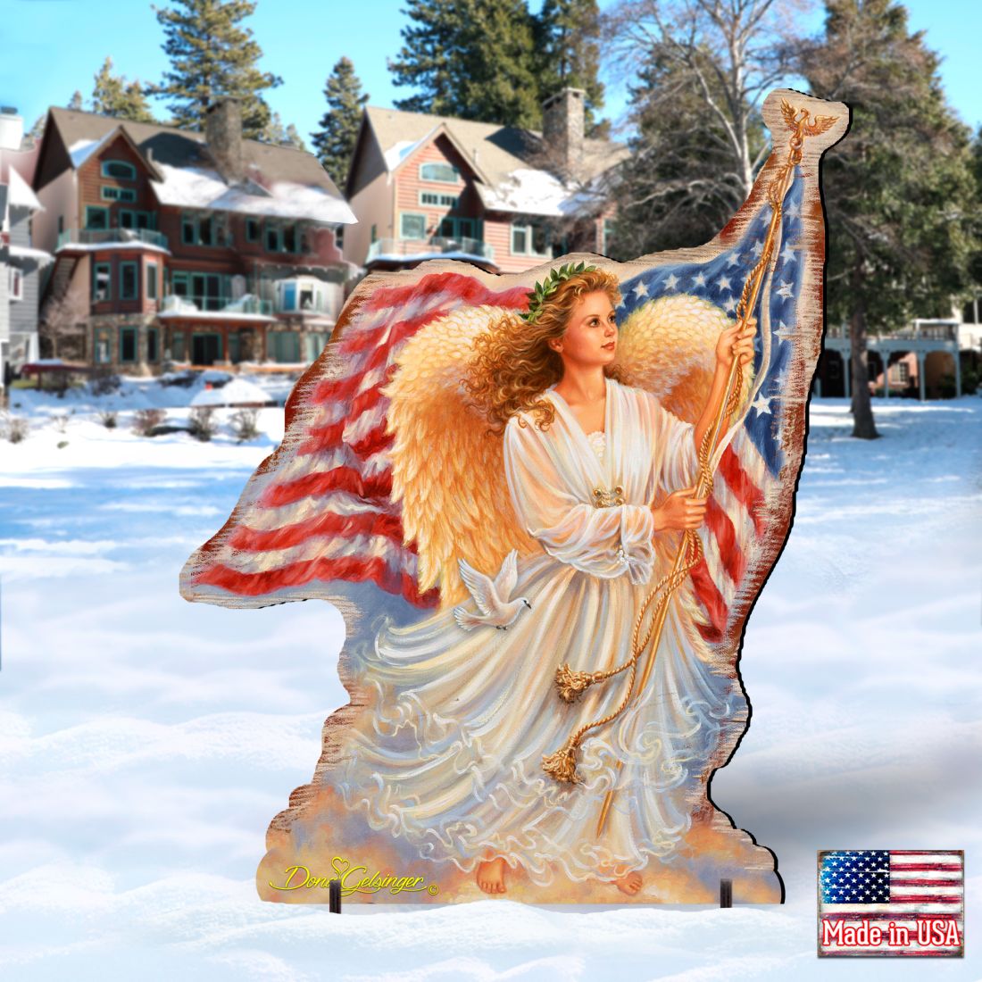 Freedom Angel outdoor yard decor with American flag wings and blue star backdrop