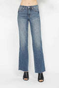 Medium-wash straight-leg jeans with button-front closure and belt loops