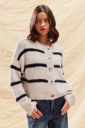 Striped button-front knit cardigan with long sleeves, cream with black horizontal stripes