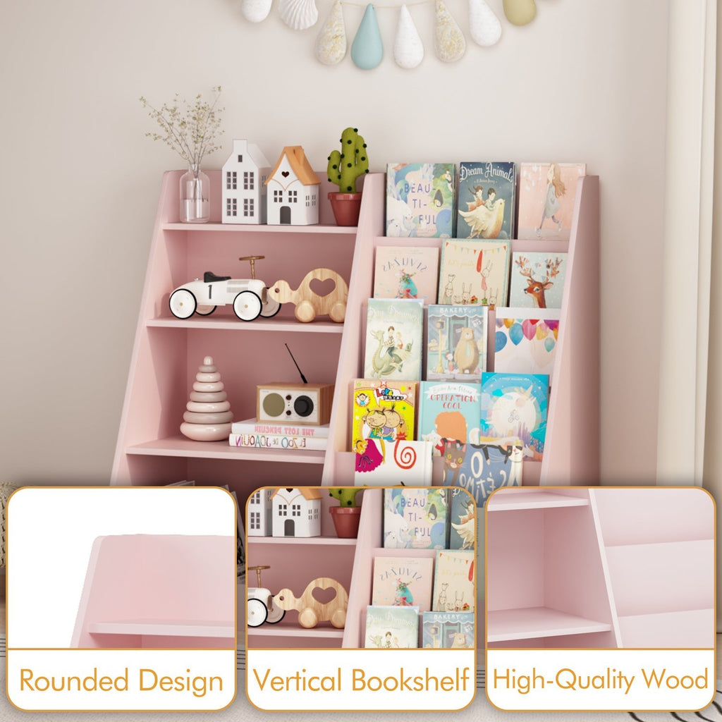 Pink kids bookshelf organizer filled with books and small toys on shelves