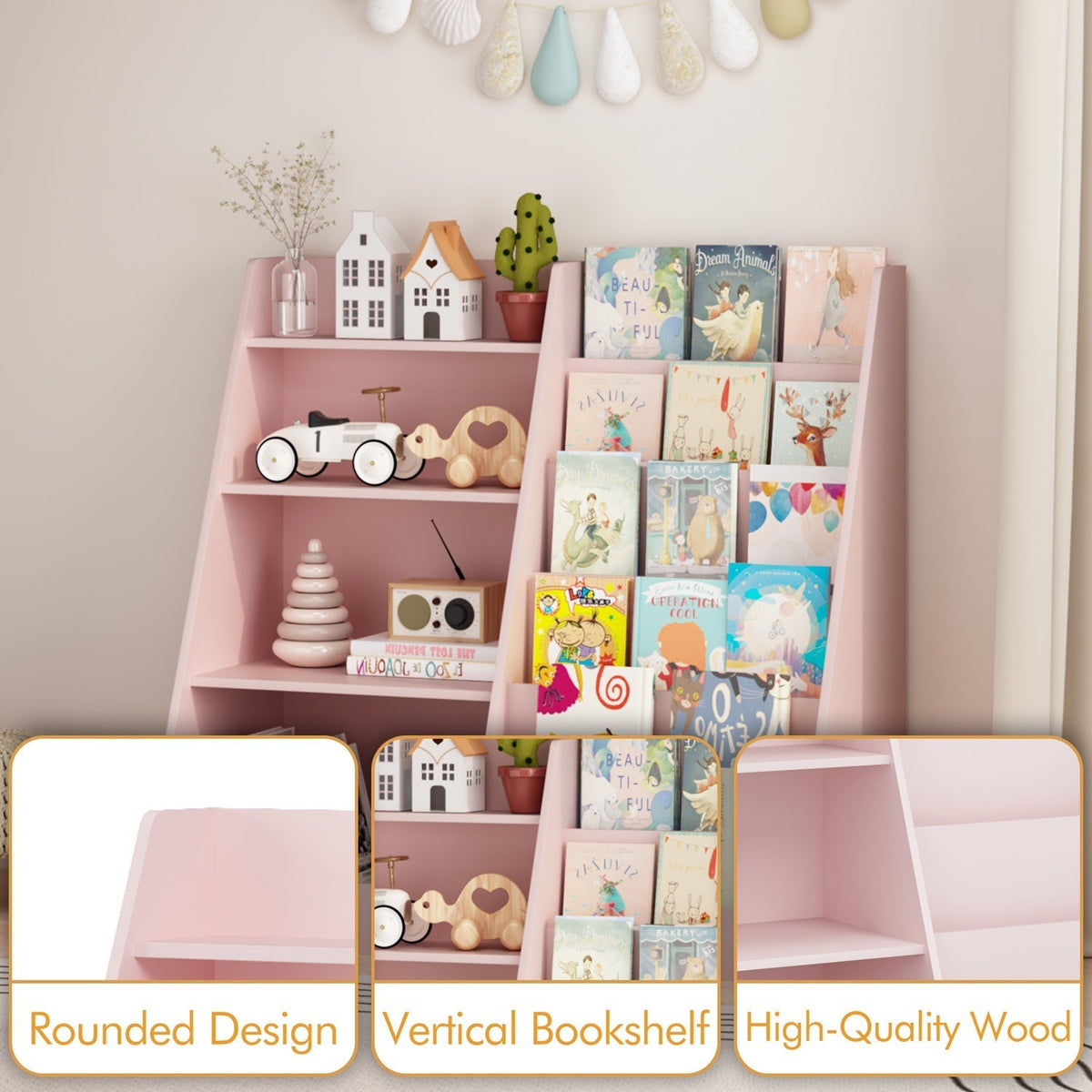 Pink kids bookshelf organizer filled with books and small toys on shelves