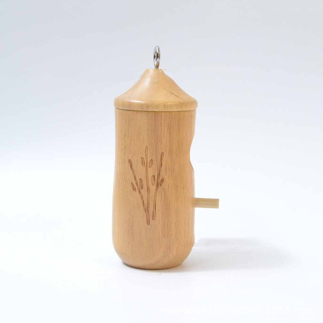 Wooden hanging birdhouse with domed roof, round entry hole, and side perch, light wood.