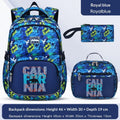 Royal blue graphic backpack set with matching pencil case and front zipper pocket