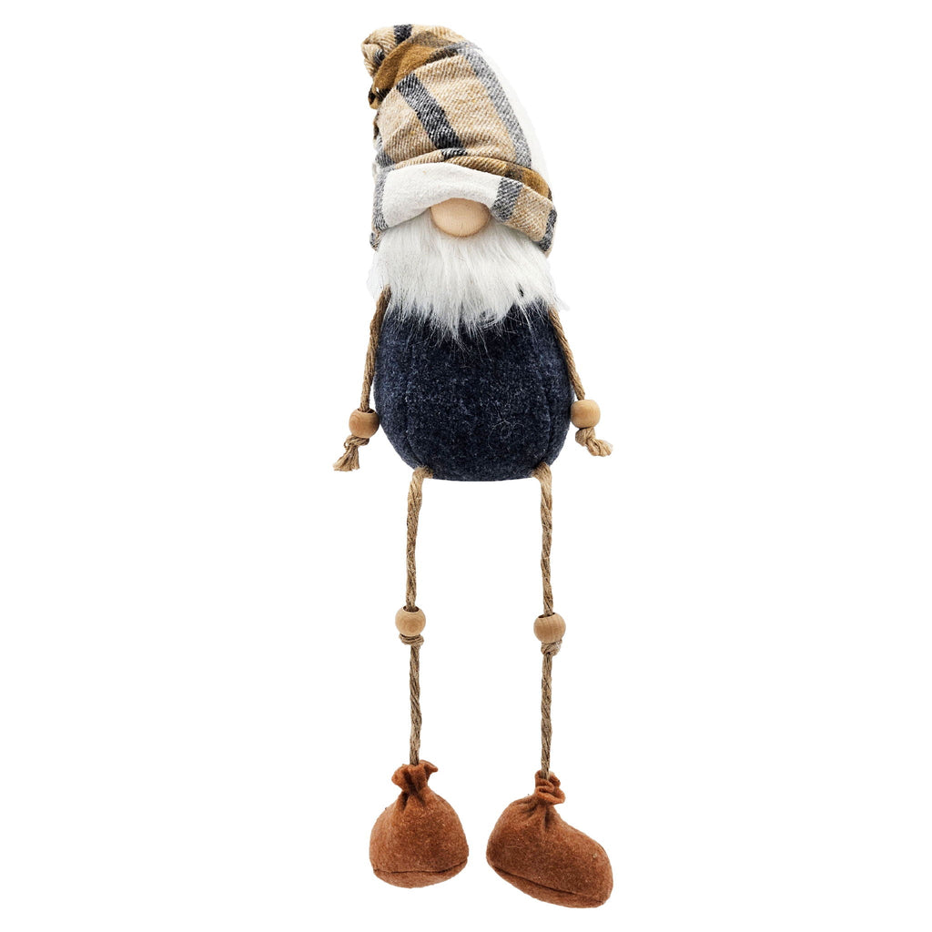 Hanging gnome ornament with plaid cap, white beard, navy body, two brown feet