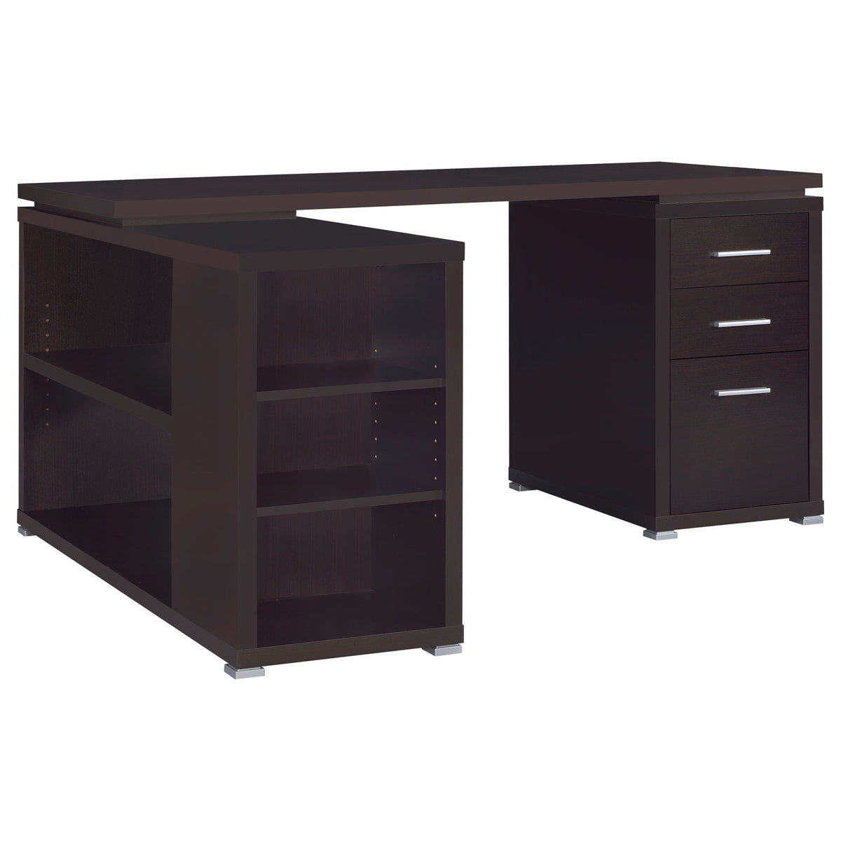 L-shape computer desk corner with open shelves and right 3-drawer cabinet, cappuccino