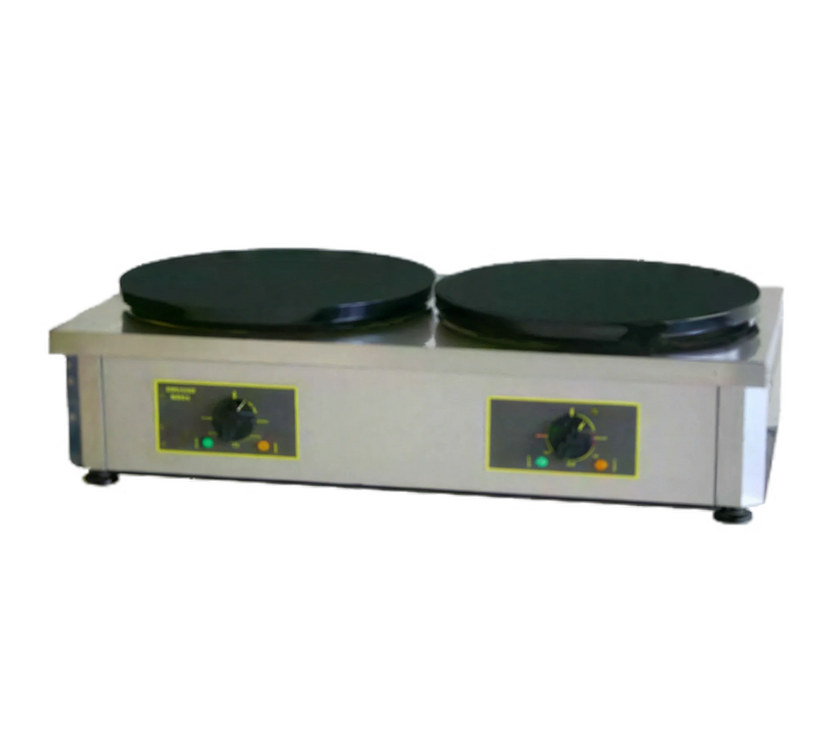 Electric double crepe roller grill with two round cast-iron plates and control dials