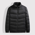 Men's black stand-up collar puffer down jacket, full-zip with side pockets.