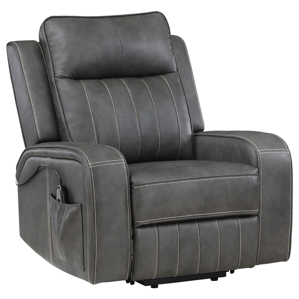 Gray upholstered power lift recliner chair with stitched back and storage console
