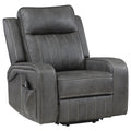 Gray upholstered power lift recliner chair with stitched back and storage console