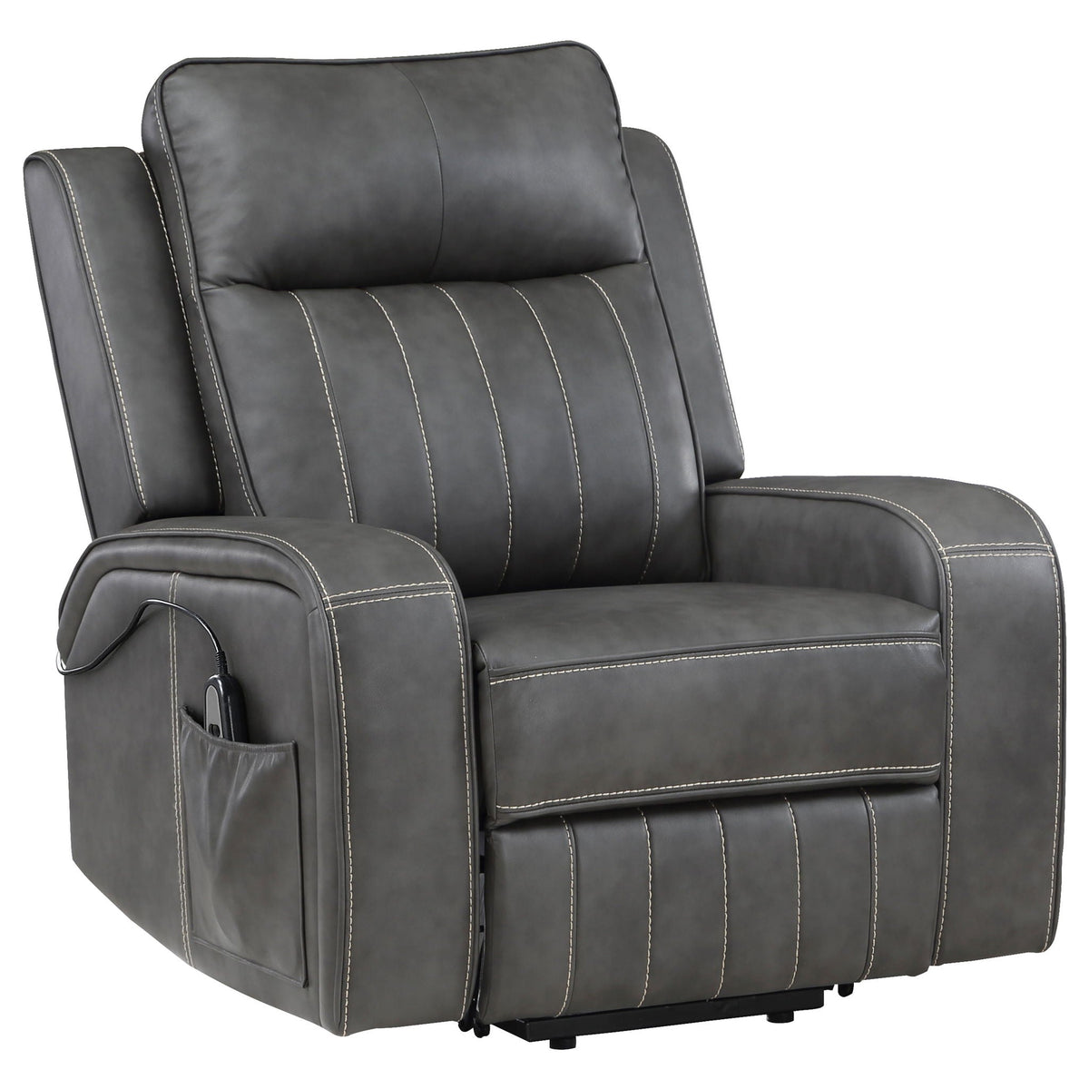 Gray upholstered power lift recliner chair with stitched back and storage console