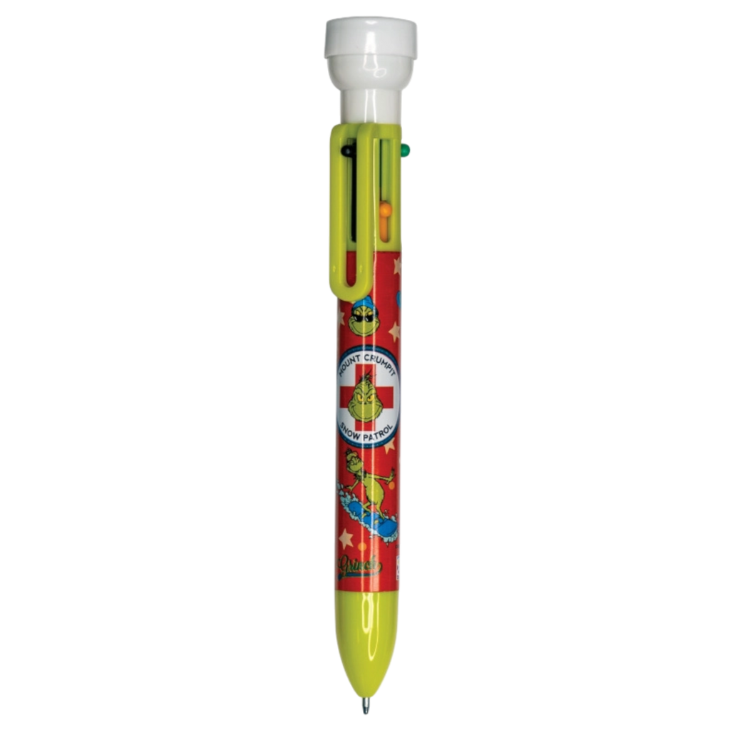 Color pen with stamper, green barrel with cartoon graphic and clear cap