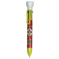 Color pen with stamper, green barrel with cartoon graphic and clear cap