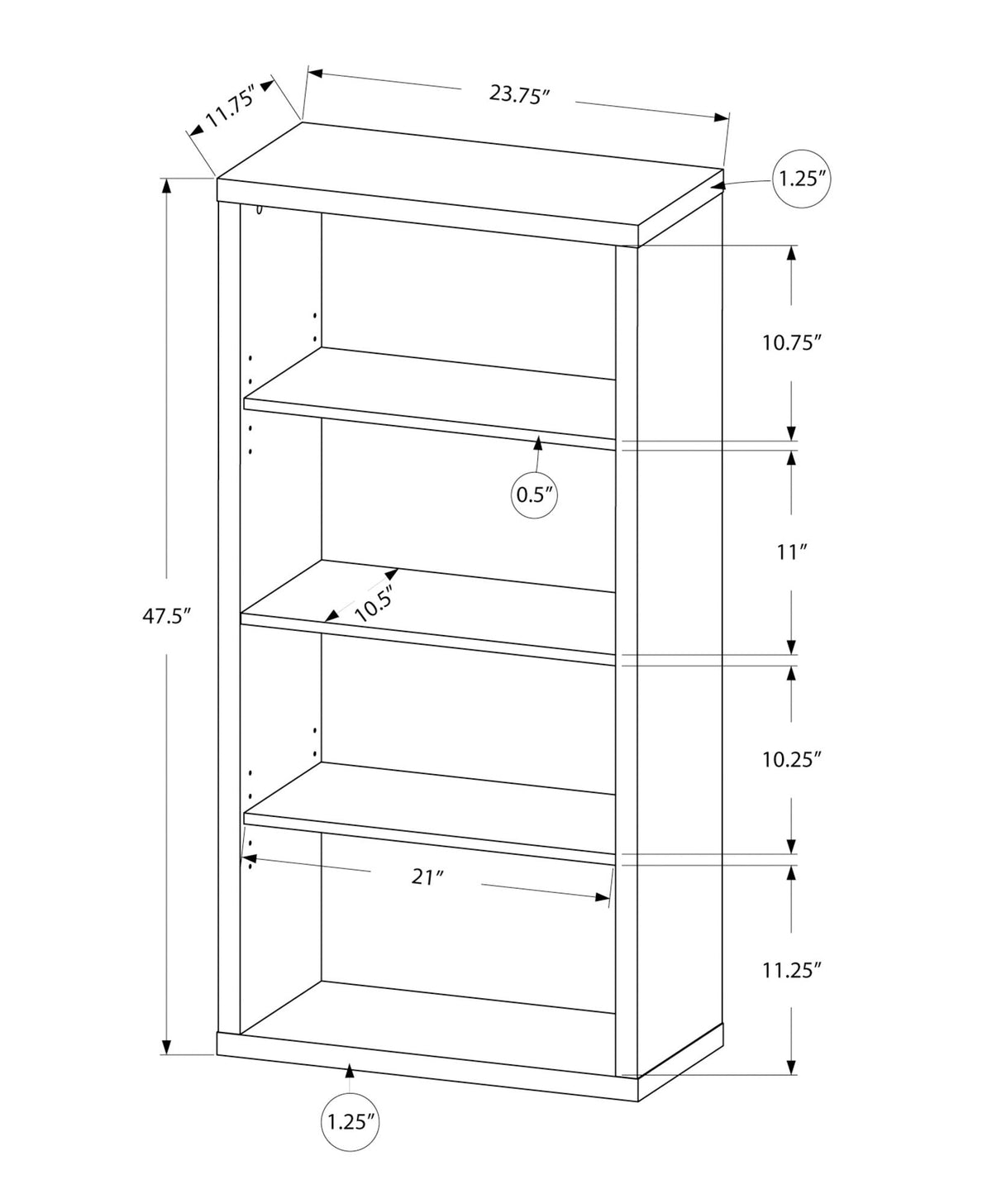 5-tier office bookshelf size diagram with overall dimensions and shelf spacing