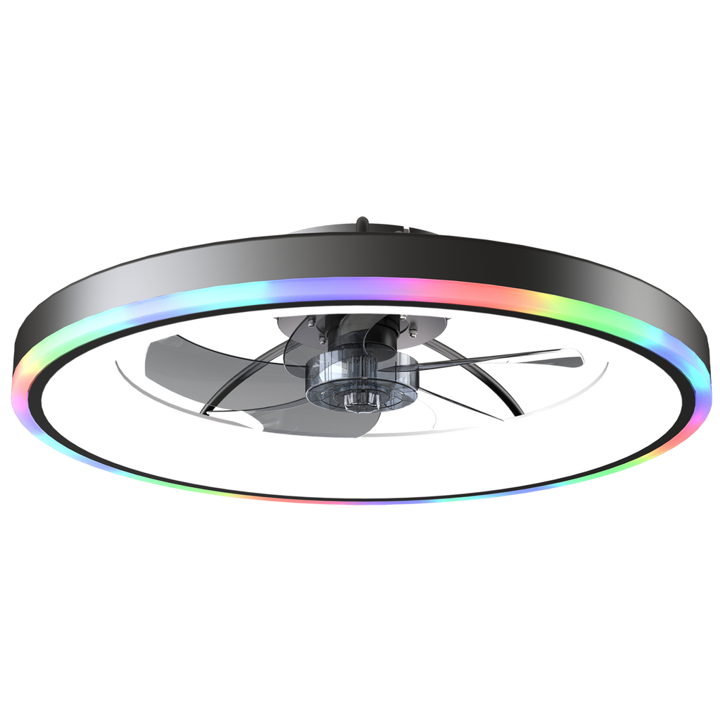 Close-up of black ceiling fan with curved blades and a circular RGB LED ring