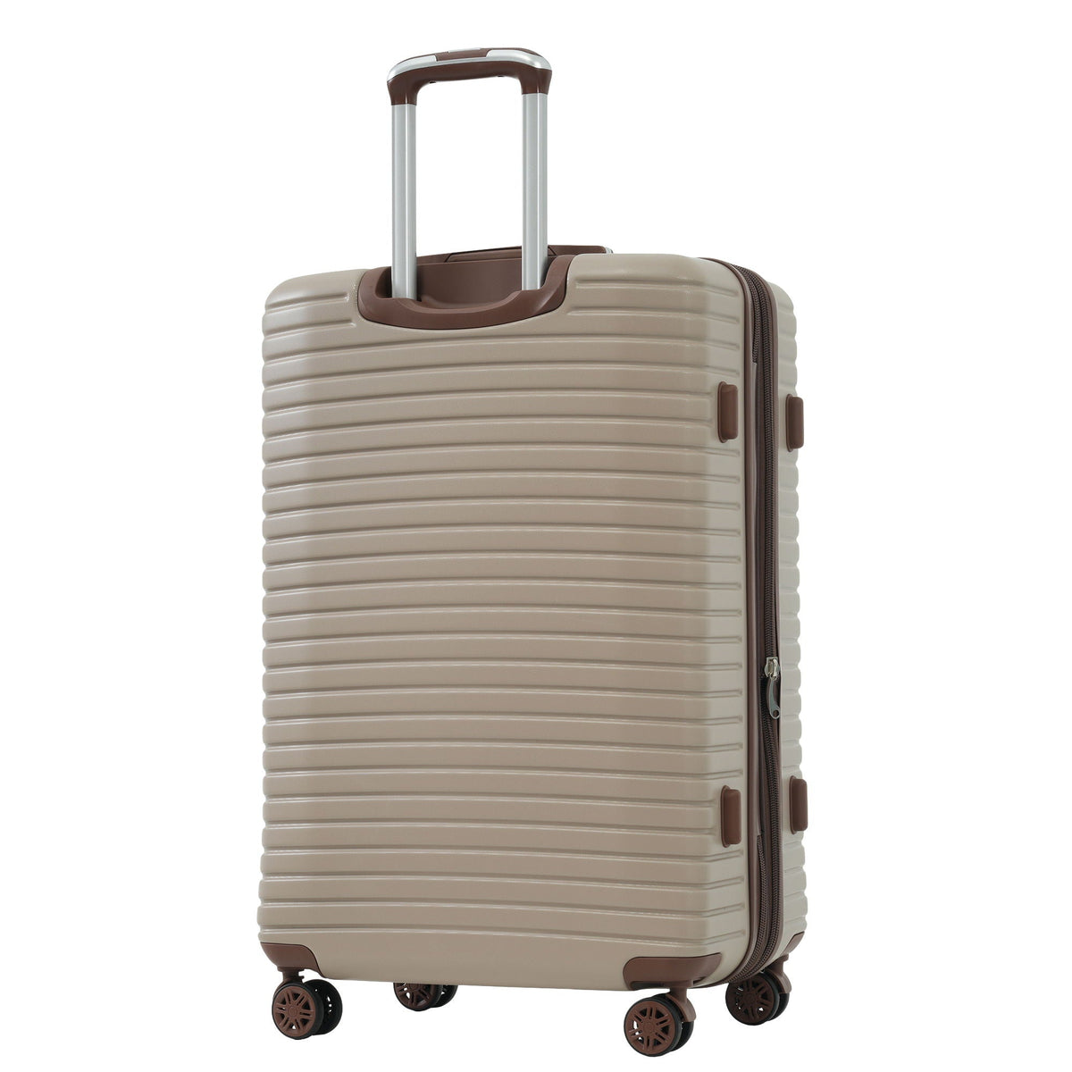 Beige hard-shell upright suitcase front view with brown trim, telescoping handle, and spinner wheels.