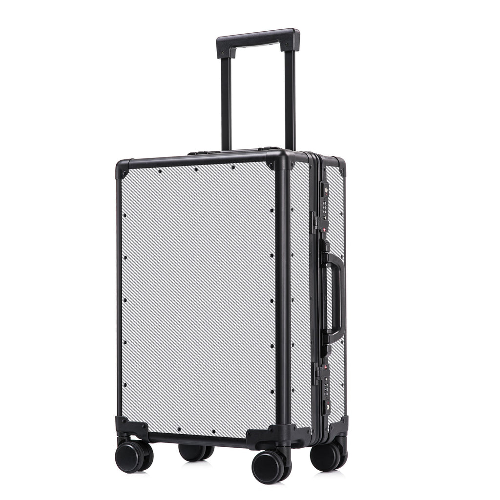 Front view of hard-shell rolling suitcase with retractable handle and 4 caster wheels