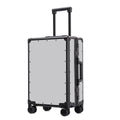Front view of hard-shell rolling suitcase with retractable handle and 4 caster wheels