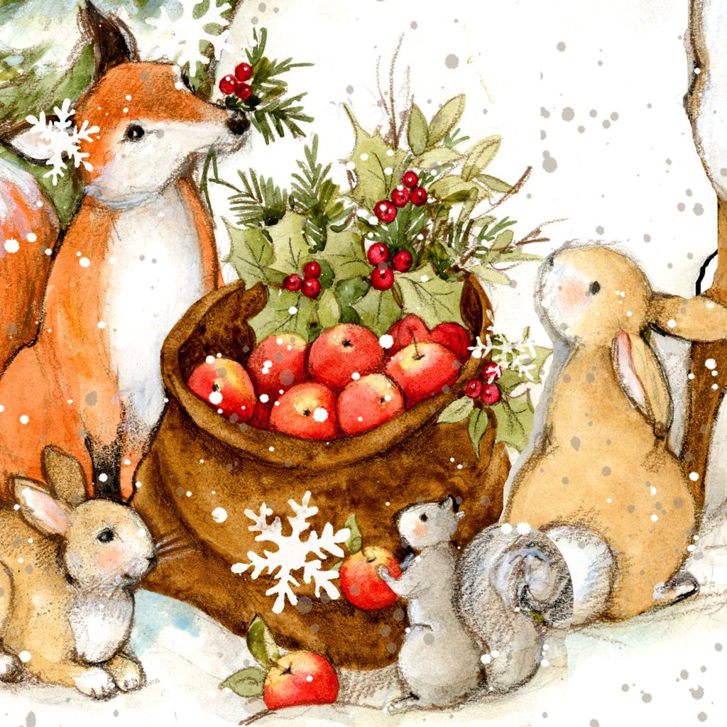Snowman yard sign close-up with pine wreath, apples, and forest animal figures