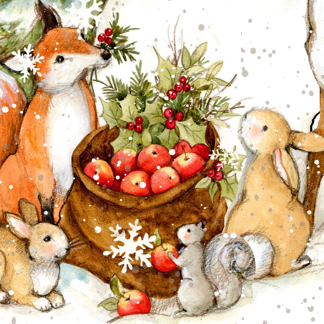 Snowman yard sign close-up with pine wreath, apples, and forest animal figures