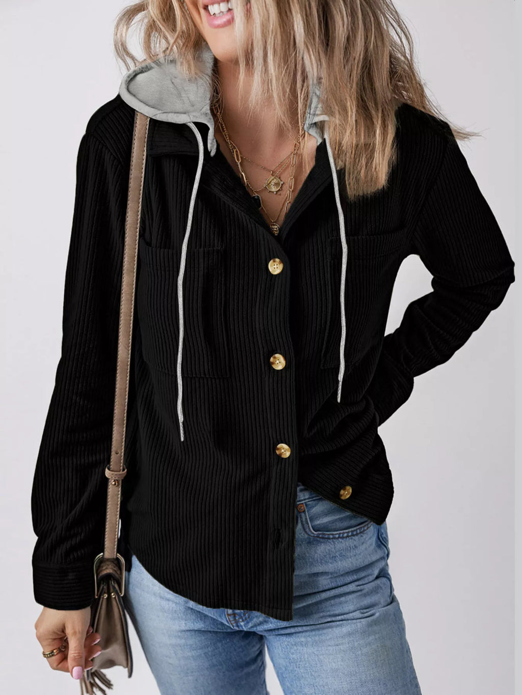 Black corduroy hooded button-down jacket with white drawcords and chest pockets