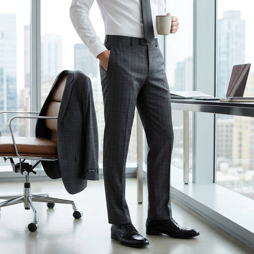Men's dark gray plaid slim-fit stretch suit pants, standing full-length side view