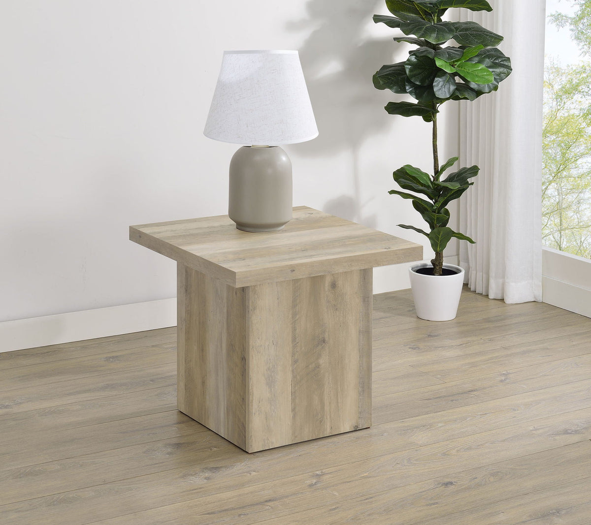 Square distressed light pine engineered wood end table