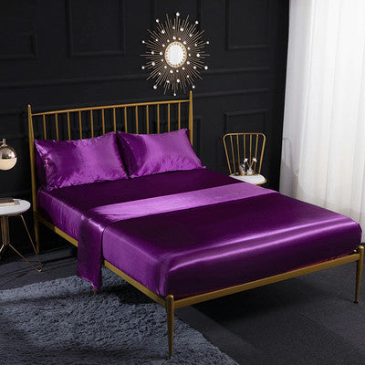 Satin bedding set with purple sheet and matching pillowcases, 4-piece set