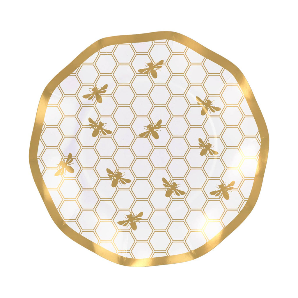 Wavy paper salad plate with gold honeycomb border and honeybee pattern, white and black