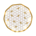 Wavy paper salad plate with gold honeycomb border and honeybee pattern, white and black
