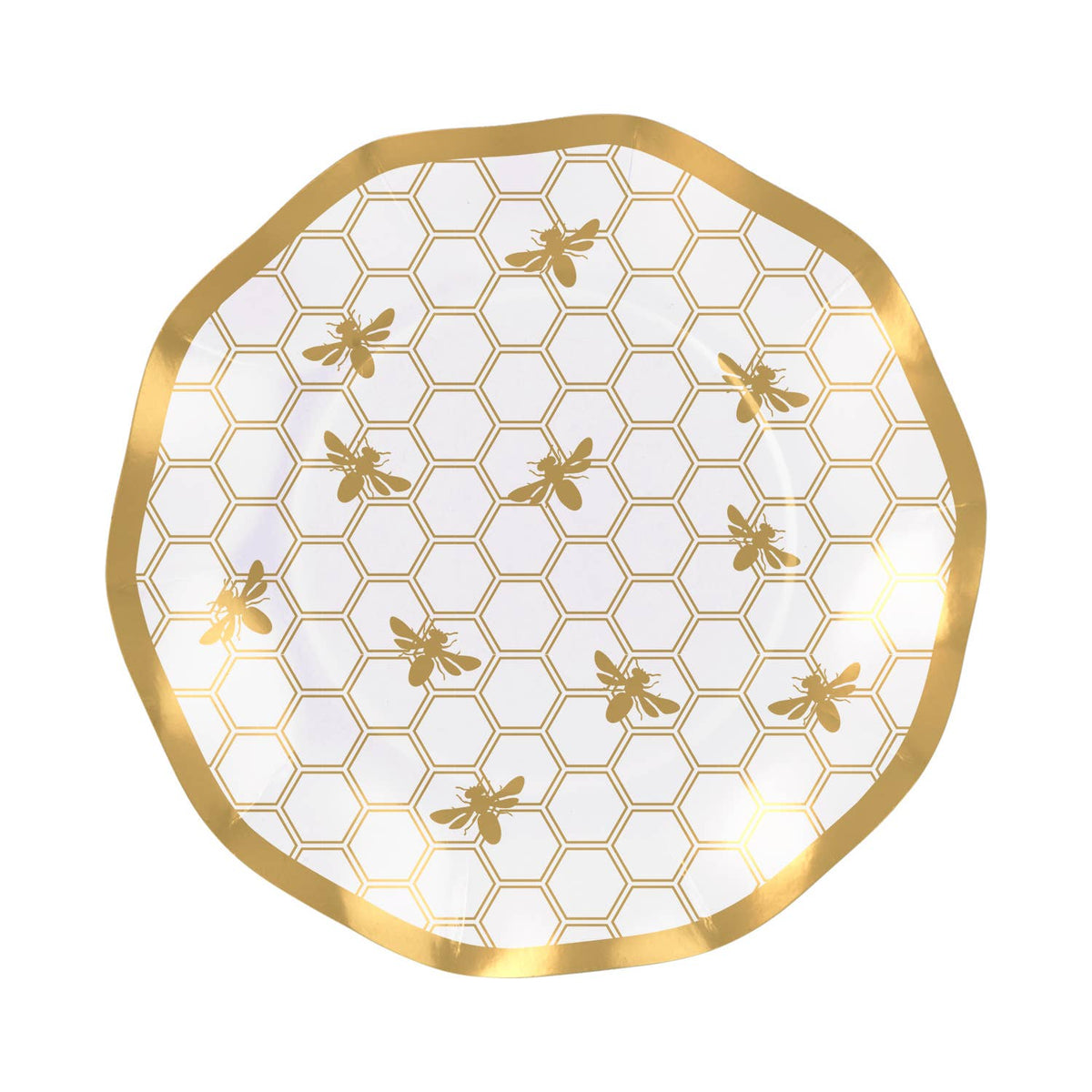 Wavy paper salad plate with gold honeycomb border and honeybee pattern, white and black