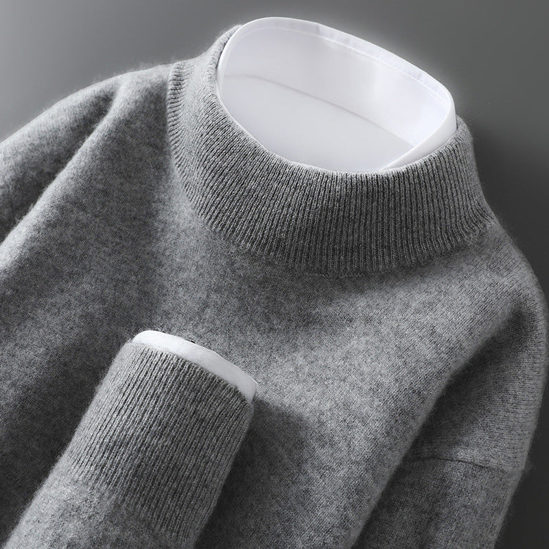 Men's cashmere base-layer sweater in heather gray, crew neck with ribbed collar and cuffs.