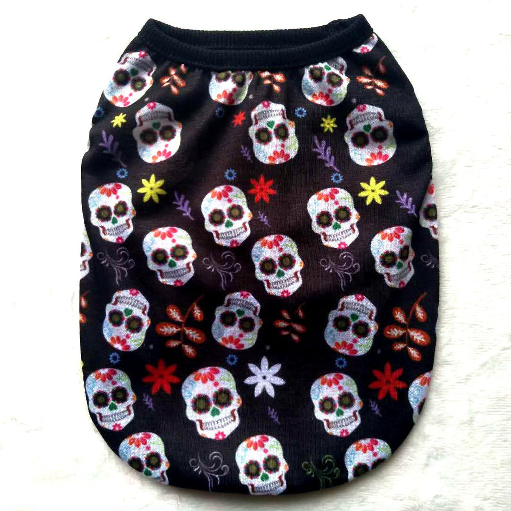Colorful skull-and-flower pet shirt on black with black ribbed collar