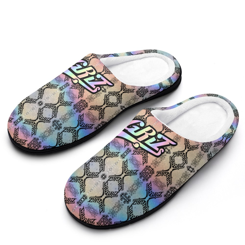 Pair cotton slippers with multicolor logo print, white lining, and textured black sole