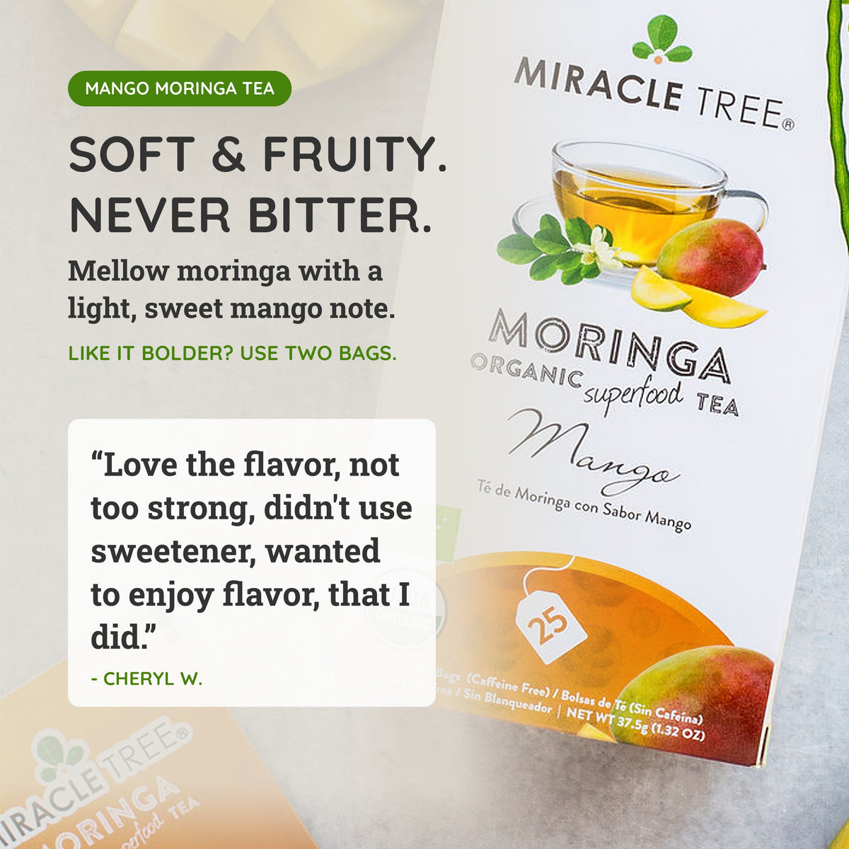 Miracle Tree mango moringa organic tea bag box with glass of amber tea