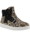Kids’ leopard-print fabric high-top shoes with black bow detail and white sole