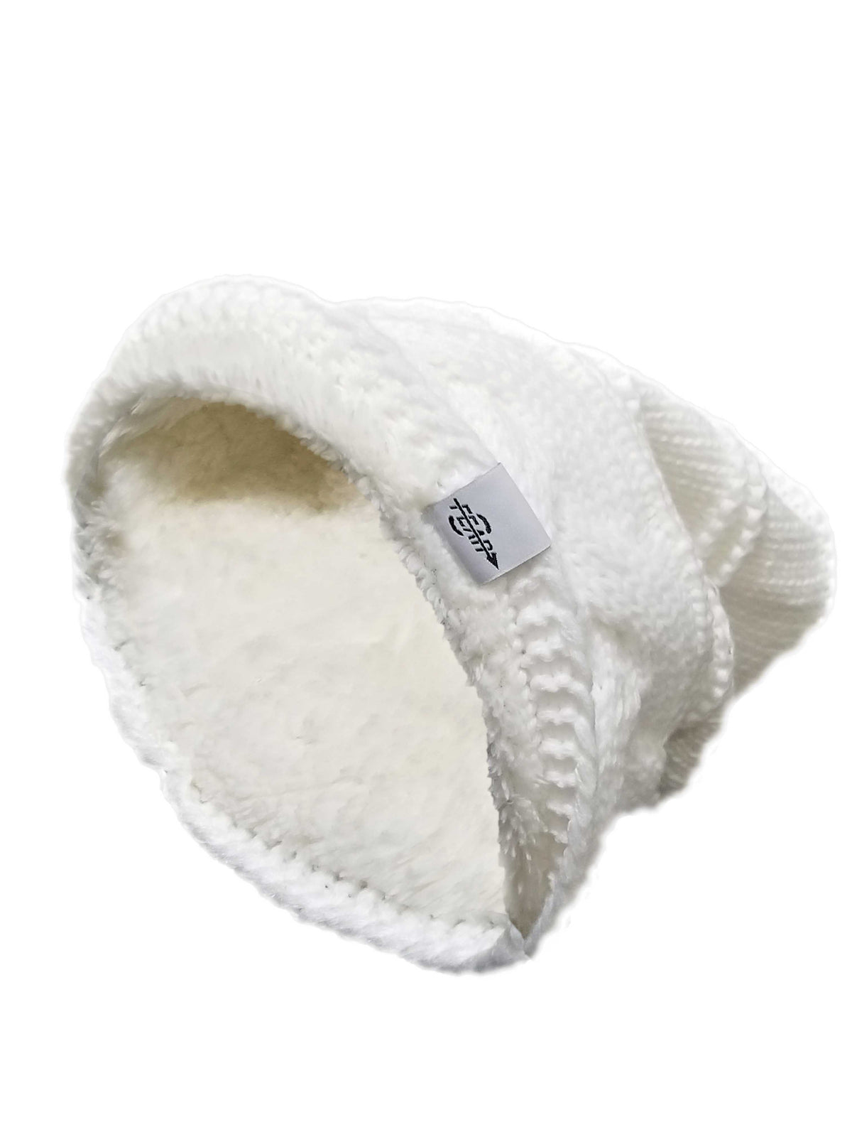 White slouch beanie with fluffy fleece lining and fabric logo patch